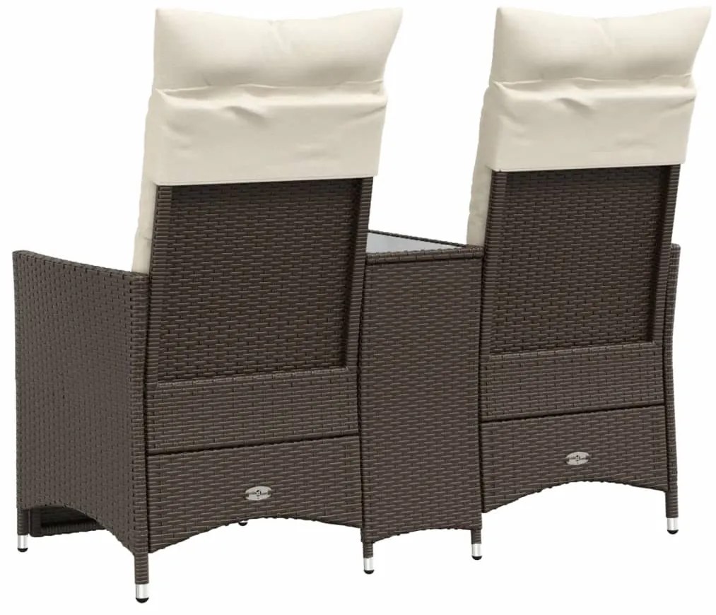 Sofá de jardim reclinável 2 lugares com mesa vime PE castanho