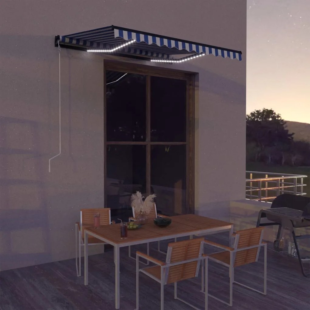 vidaXL Toldo com sensor de vento e LED 300x250 cm azul e branco