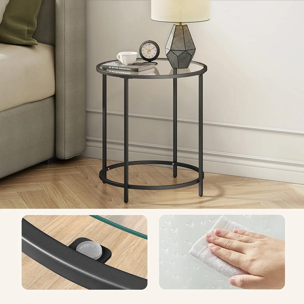 Mesa lateral redonda pequena, vidro temperado e estrutura metálica 50 x 55 cm (Ø x A) preta