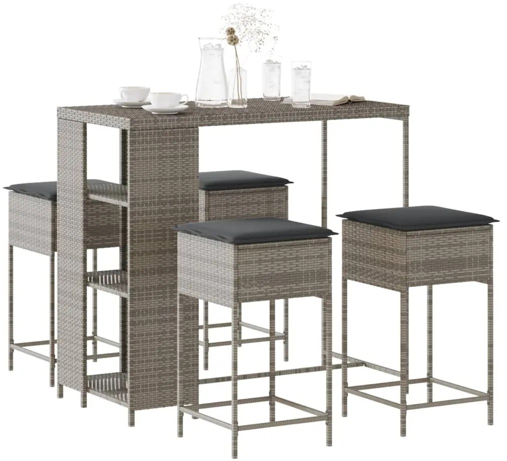 vidaXL 5 pcs conjunto de bar p/ jardim c/ almofadões vime PE cinzento
