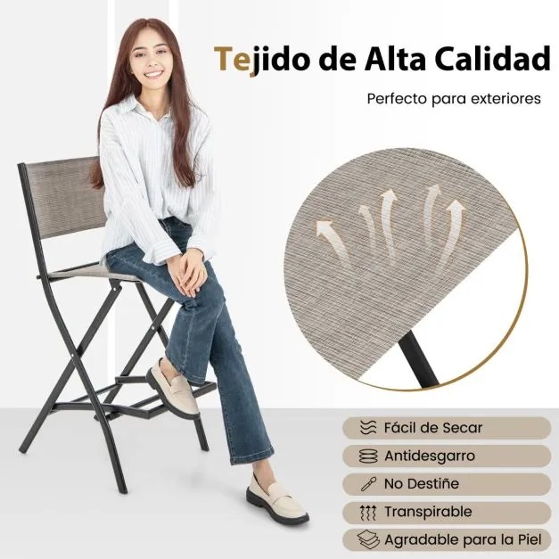 Conjunto de 2 cadeiras jardim altas dobráveis com estrutura metálica e apoio para os pés para varanda, jardim e piscina Capacidade de carga de 150 kg