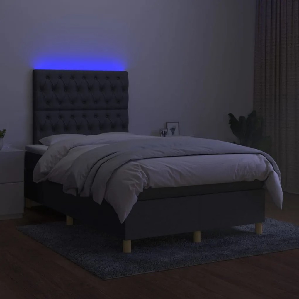 Cama box spring c/ colchão e LED 120x200 cm tecido cinza-escuro