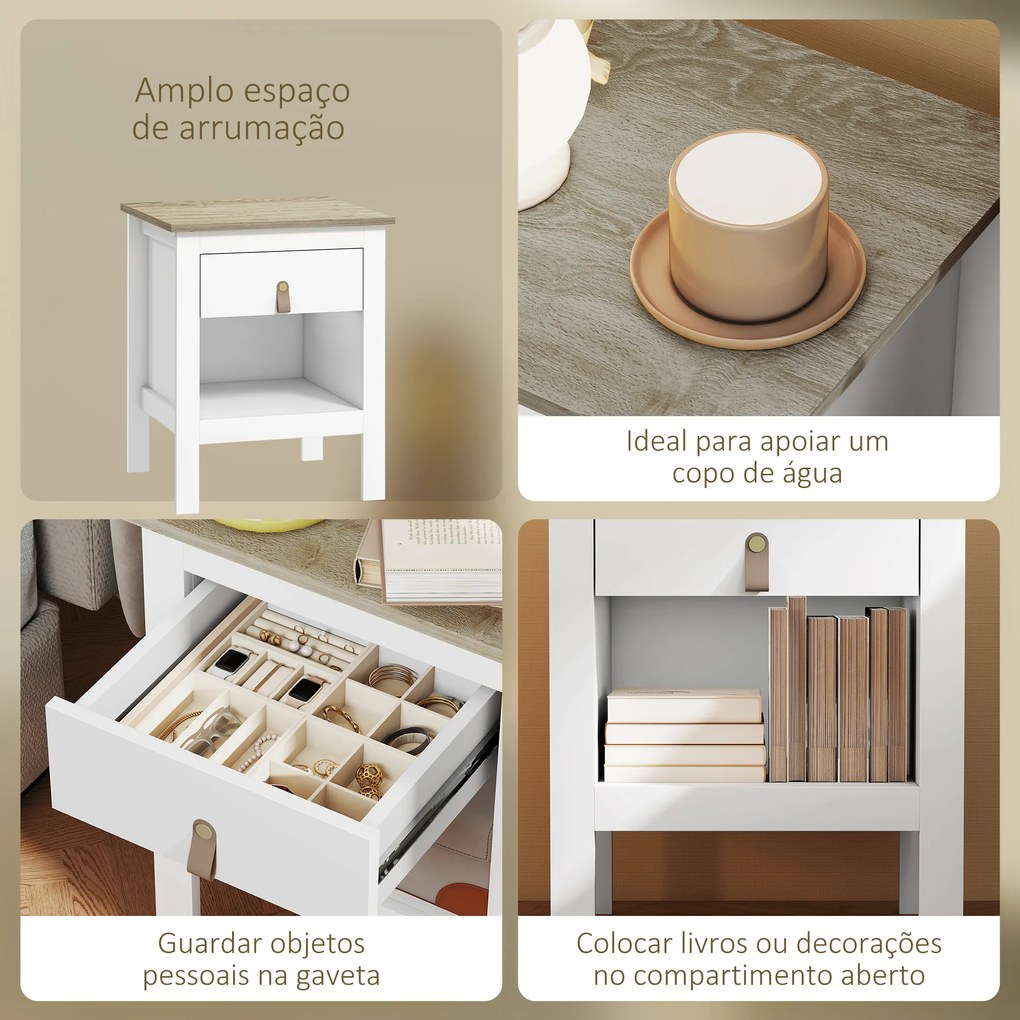 Mesa de Cabeceira Moderna Mesa de Cabeceira com 1 Gaveta Compartimento Aberto Puxador de PU  45x40x55 cm Branco