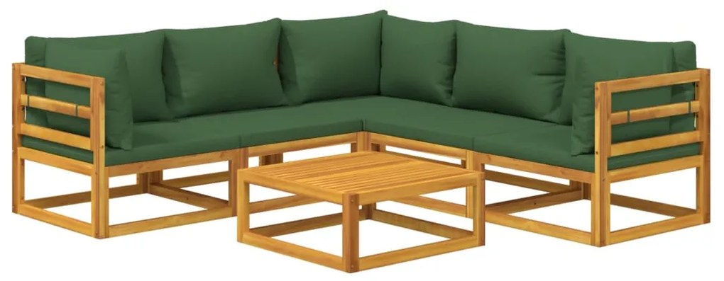 6 pcs conj. lounge jardim madeira c/almofadões verdes