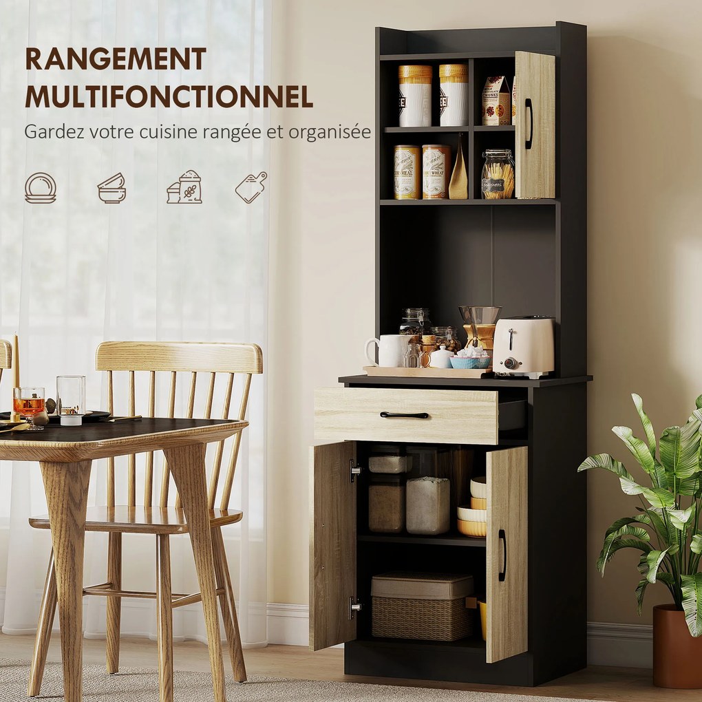 Armário alto de cozinha 60 x 40 x 180 cm, com gaveta, 3 portas, prateleiras abertas, bancada, efeito de madeira natural e preto