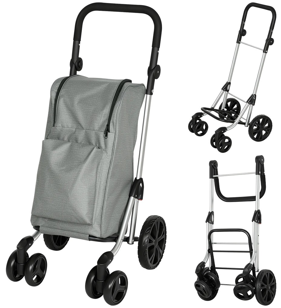 Carrinho de Compras Dobrável de 46 L de Alumínio com Saco Térmico 3 em 1 com 6 Rodas e Asa Ajustável 44x58x100 cm Cinzento
