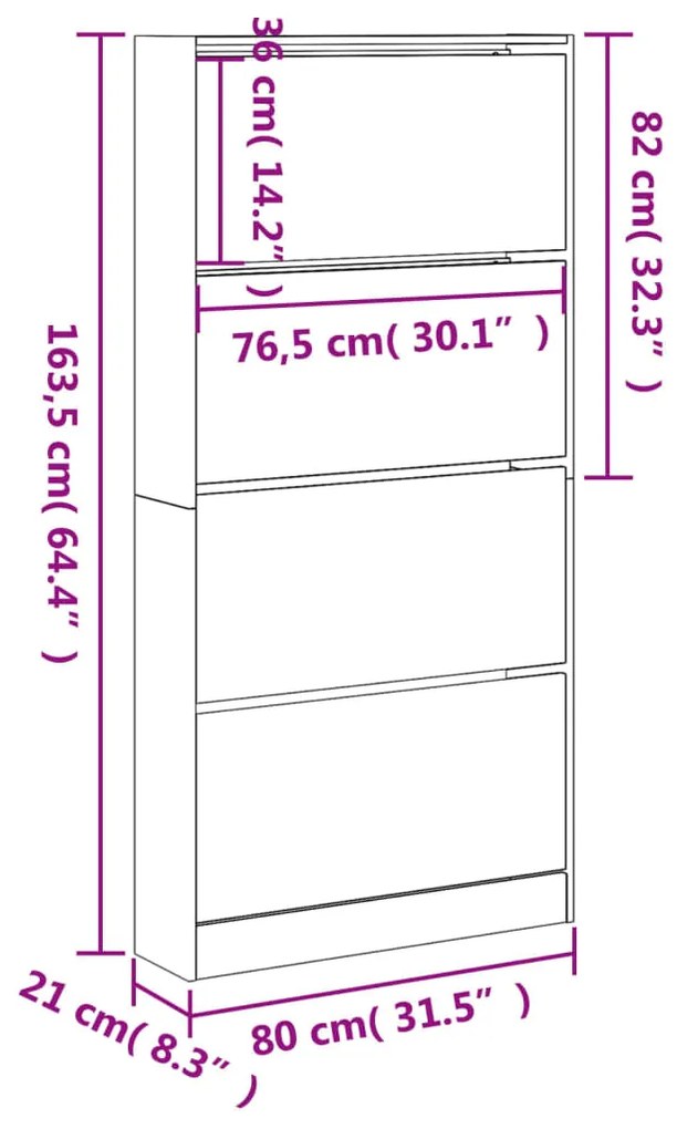 Sapateira 4 gavetas articuladas 80x21x163,5cm carvalho castanho