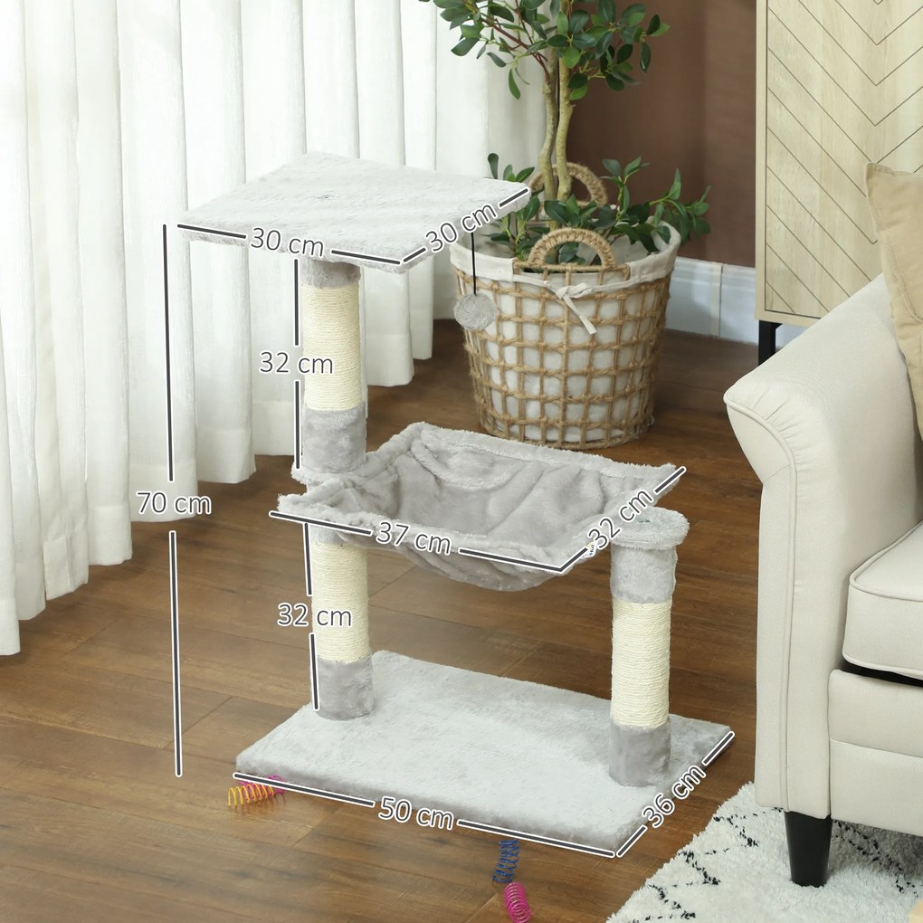 Arranhador para gatos com 3 arranhadores de sisal natural, plataforma, rede e bola suspensa, 50 x 26 x 70 cm, cinzento