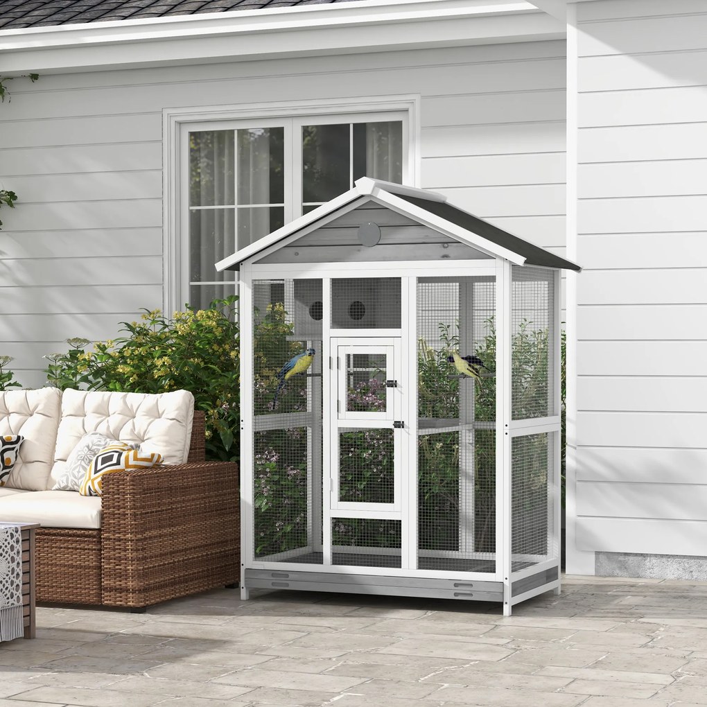 Gaiola grande para pássaros 112 x 68 x 154 cm, para interior e exterior, com 4 poleiros e tabuleiro de areia deslizante, cinzenta