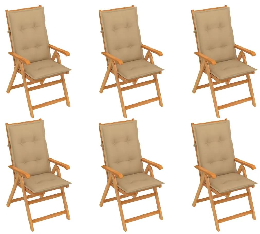 3065578 vidaXL Cadeiras de jardim c/ almofadões beges 6 pcs teca maciça