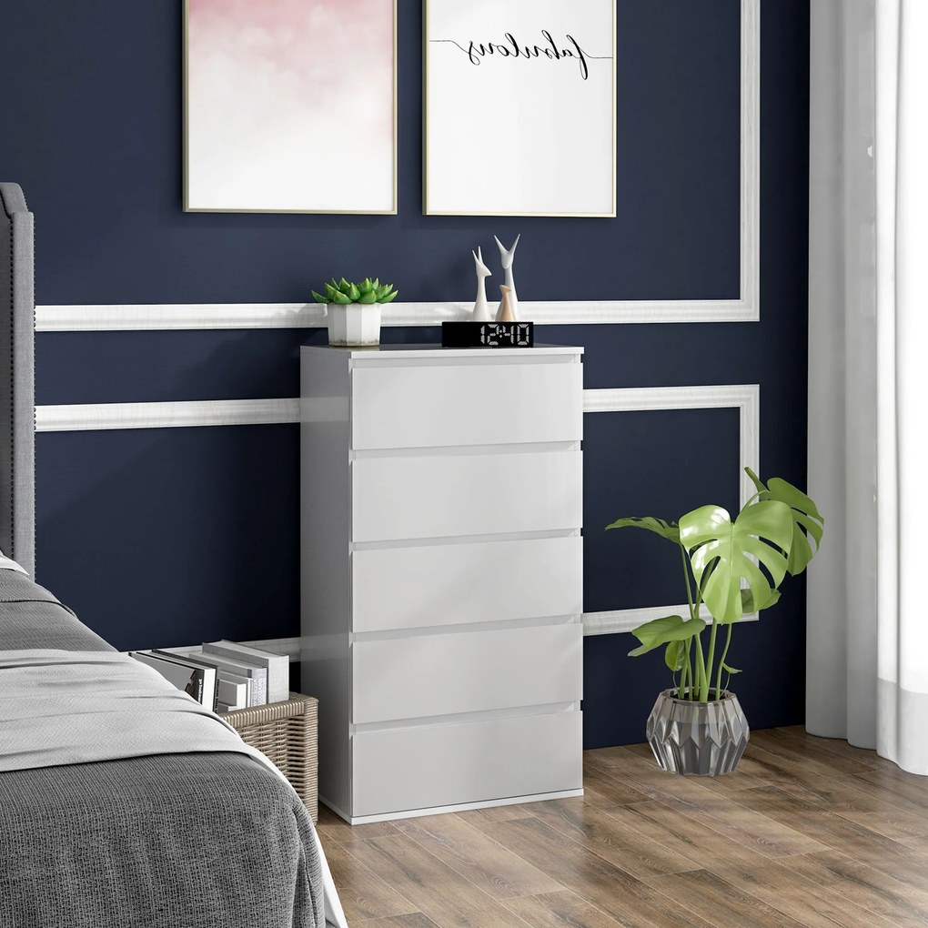 HOMCOM Cómoda com 5 Gavetas de Madeira Cómoda de Dormitório Cómoda Branca para Sala de Estar Estilo Moderno 53x33x100 cm Branco