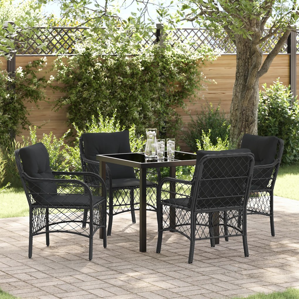 vidaXL Conjunto de Jantar de Jardim de 5 Peças com Almofadas Preto Vime PE