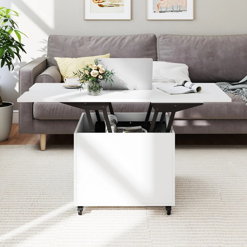 Mesa de Centro Elevável e Dobrável, 60 x 60 x 50 cm, Arrumação Oculta, Branco