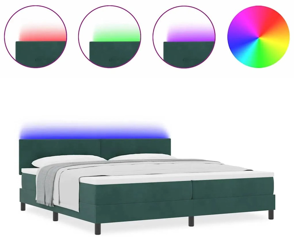 Cama Box Spring com Colchão e LED Verde Escuro 200x200 cm Veludo
