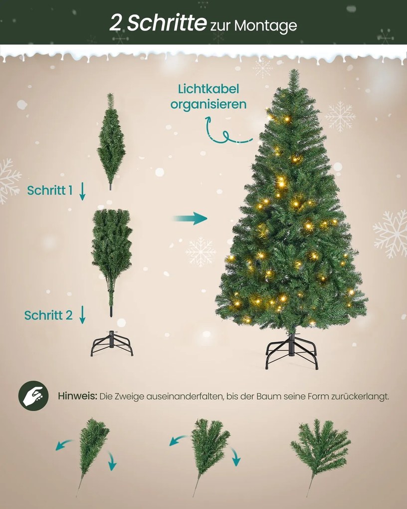 Árvore de Natal artificial 150 cm de altura com iluminação com (PACOTE BOLAS VERMELHAS) e com suporte metálico Verde
