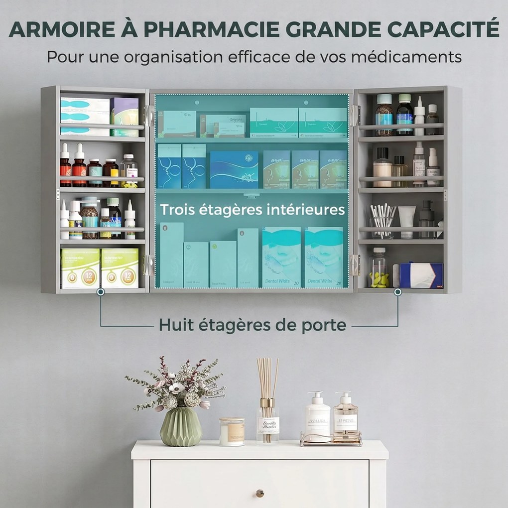 Armário de Medicamentos de Parede, 53 x 20 x 53 cm, Com Fechadura, Cinzento