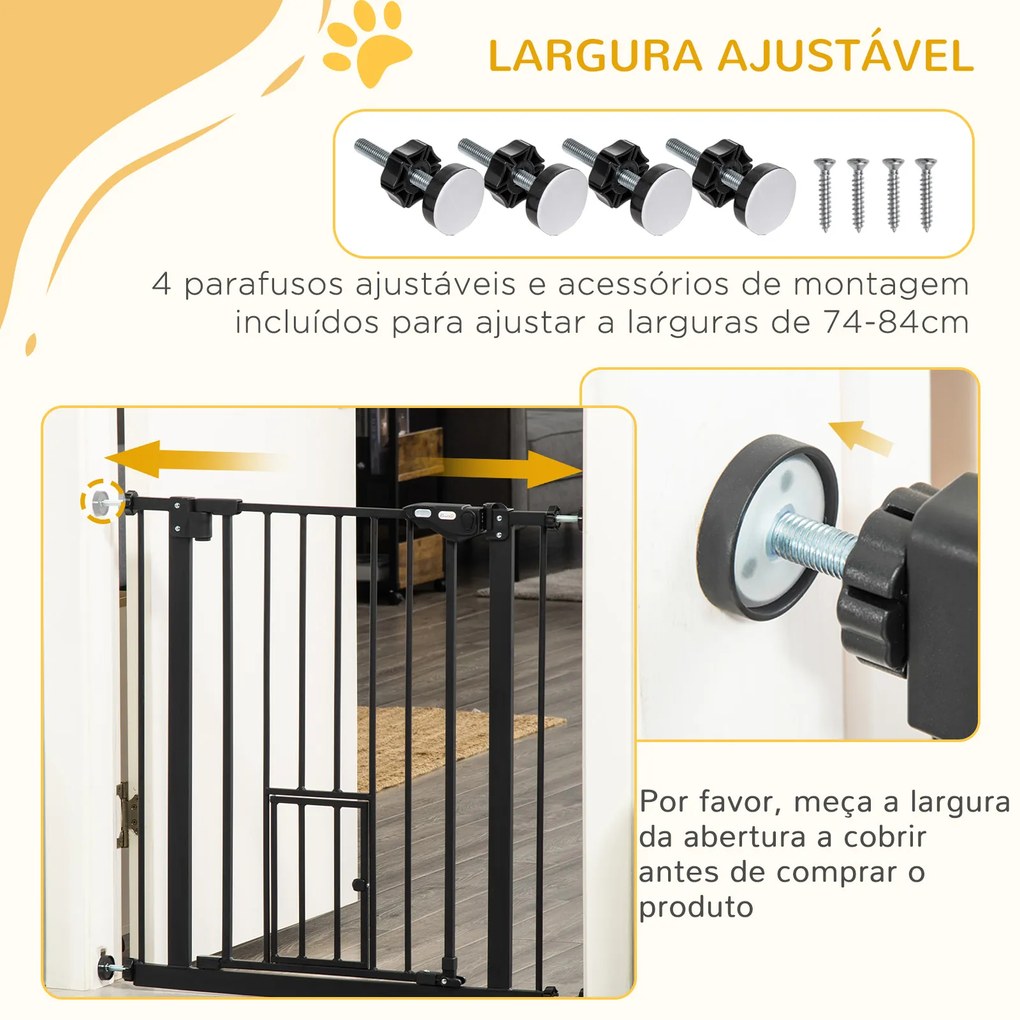 Barreira de Segurança para Animais de Estimação 74-80cm com Porta com Fechamento Automático e Sistema de Duplo Bloqueio Altura 76,2cm Preto