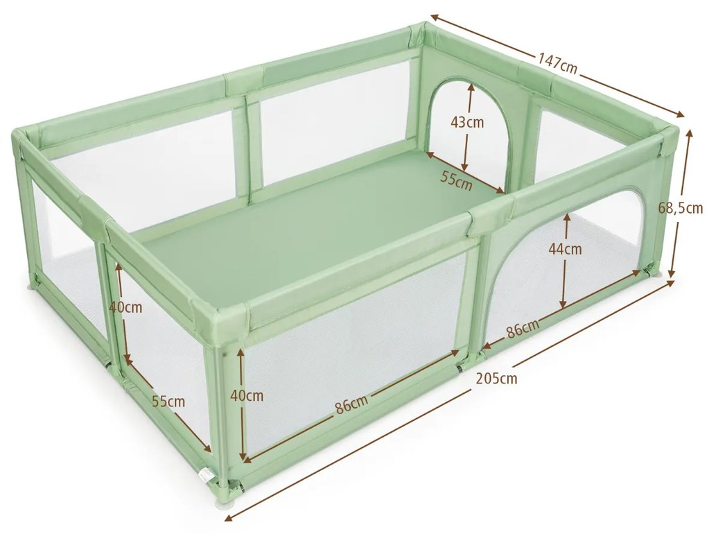 Parque infantil Bebés centro de actividades com bolas para bebés estável não tóxico com rede respirável 205 x 147 x 68 cm Verde