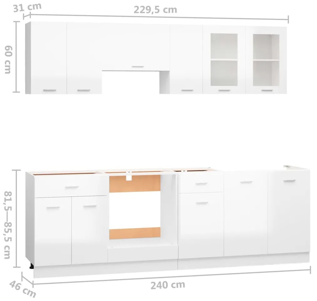 8 pcs conj. armários de cozinha contraplacado branco brilhante