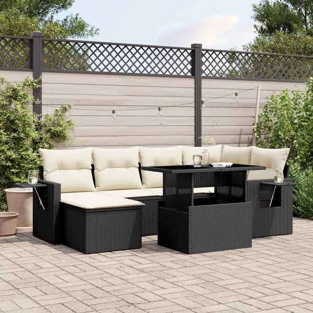 7 pcs conjunto de sofás p/ jardim c/ almofadões vime PE preto