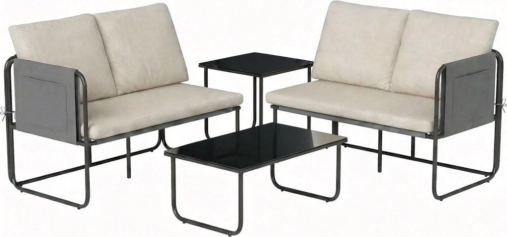 Outsunny Conjunto de Jardim de 4 peças Móveis de Exterior com 2 Sofás de 2 Lugares 2 Mesas de Vidro Capas Removíveis Preto e Bege | Aosom Portugal