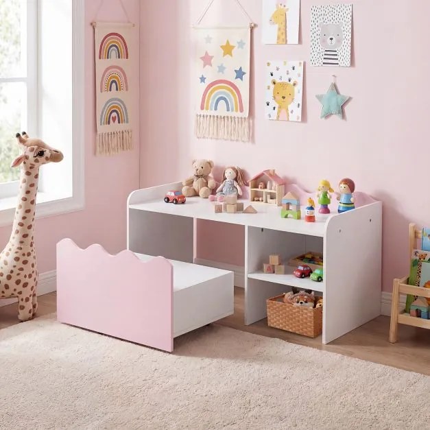 Secretária Infantil com Estante Aberta, 89,5 x 40 x 45 cm, Caixa de Arrumação com Rodas, Rosa