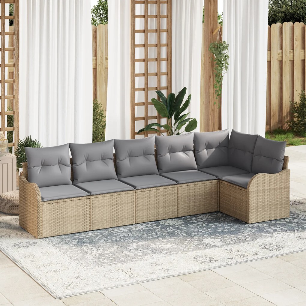 Conjunto de Sofá de Jardim de 6 Peças com Almofadas em Vime Bege