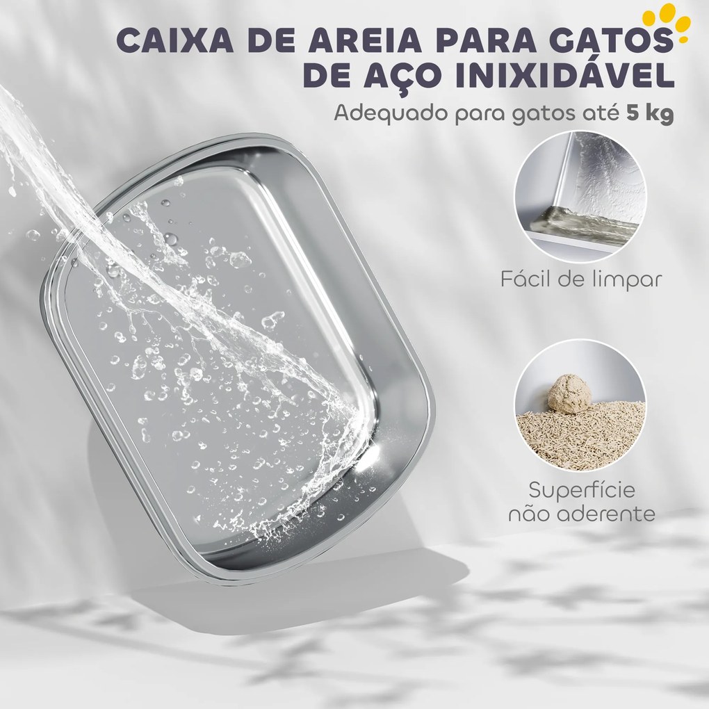 Caixa de Areia para Gatos em Aço Inoxidável com Tampa Caixa de Areia com Bolsa Desodorizante e Pá 52,4x41,3x39,9 cm Branco