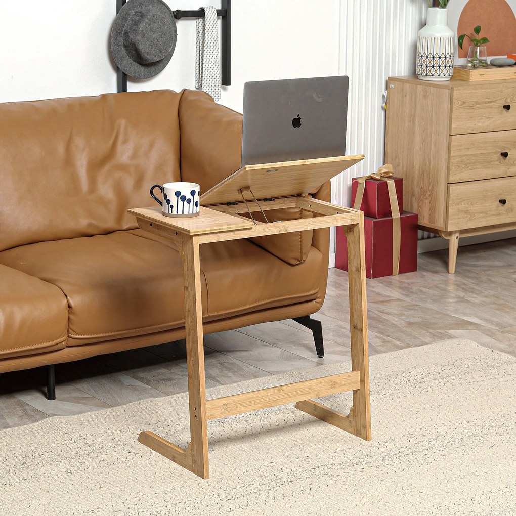 HOMCOM Mesa Auxiliar de Bambu Mesa em Forma de C com Bancada Abatível e Ângulo Ajustável 140-180° para Sala de Estar Dormitório 60x33x67cm Madeira