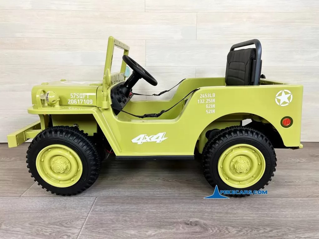 Jipe Willys 12V 1 Lugar 4x4 elétrico para crianças Todo terreno, rodas de borracha, assento Couro sintético cáqui militar