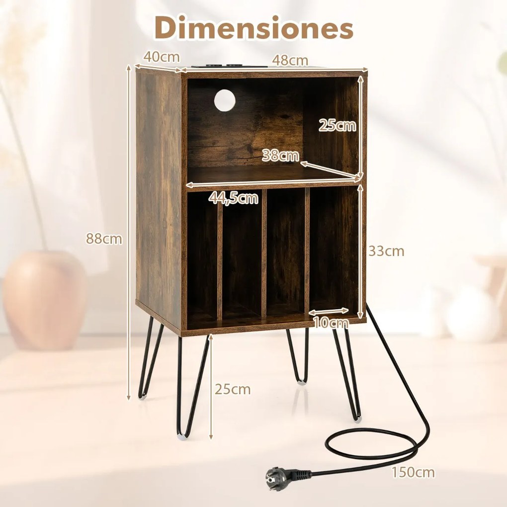 Suporte para discos de 3 níveis Mesa de armazenamento de discos com estação de carregamento Estante 4 divisórias 48 x 40 x 88 cm Castanho rústico