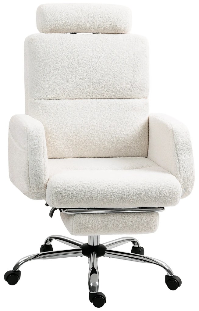 Cadeira de Escritório com Apoio para Pés Estofada em Borreguito e Encosto Reclinável  67x74x107-115 cm Creme