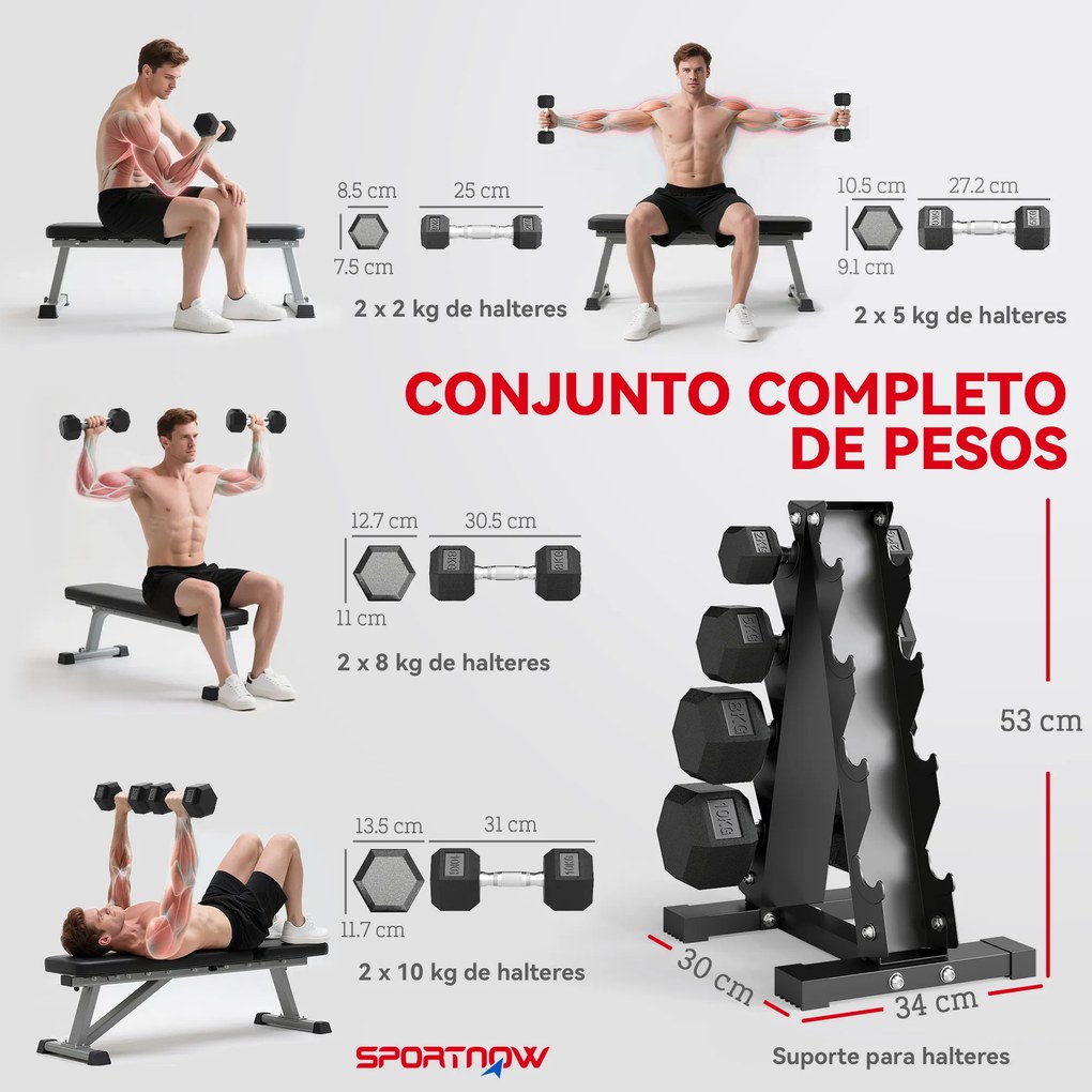 Conjunto de Halteres 2x2kg 2x5kg 2x8kg 2x10kg com Suporte de Armazenamento para Exercício Treino Preto