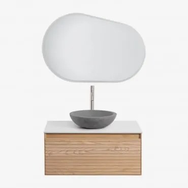 Conjunto De Móvel De Casa De Banho Suspenso Em Madeira De Freixo Tedrik Castanho Fresno & Cimento Cinzento Redondo Ø40 Cm Tarsis & Oval - Sklum