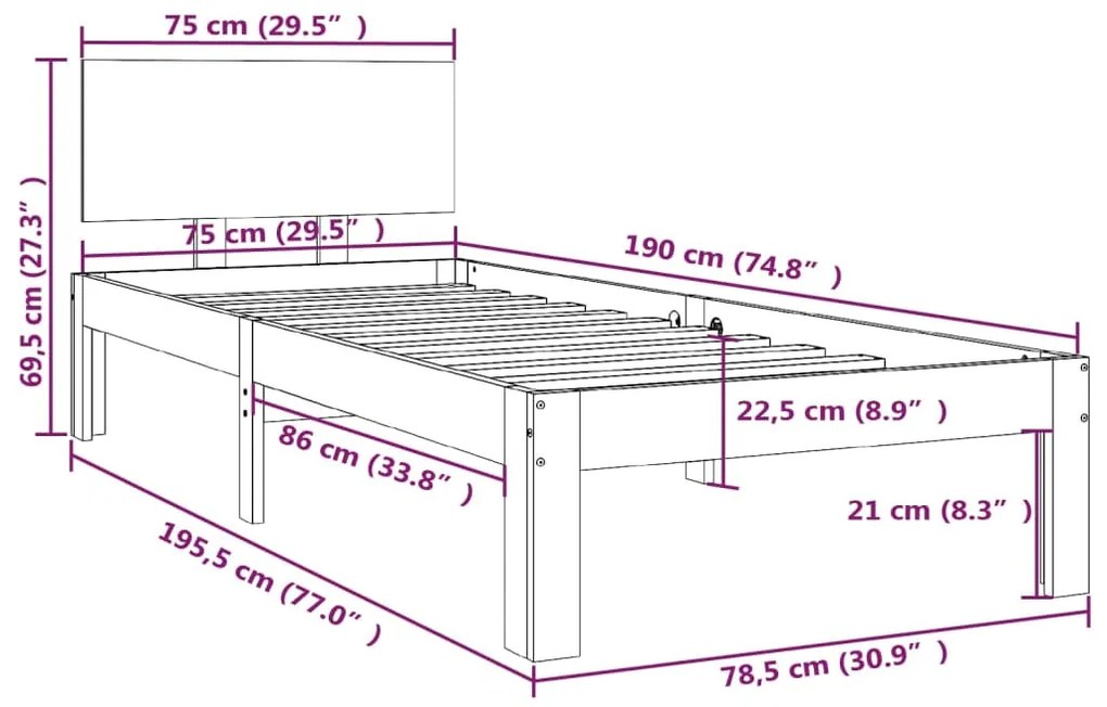 Estrutura de cama pequena solteiro 75x190 cm madeira maciça