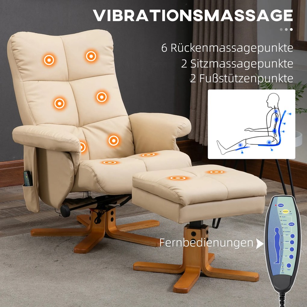 Poltrona de relaxamento com massagem e pufe, poltrona giratória a 360°, encosto reclinável, 80 x 86 x 99 cm, creme