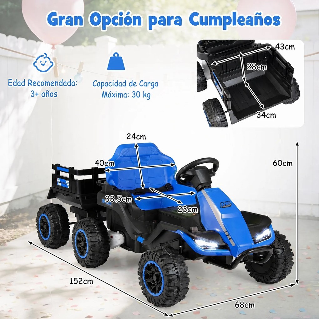 Trator Elétrico Infantil para crianças 3 a 6 anos, 152 x 68 x 60 cm, Reboque Removível, Azul