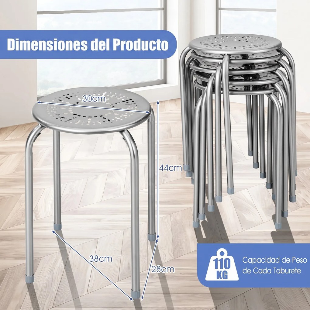Conjunto de 6 Bancos Empilháveis, 30 x 30 x 44,5 cm, Estrutura Metálica Resistente, Prateado