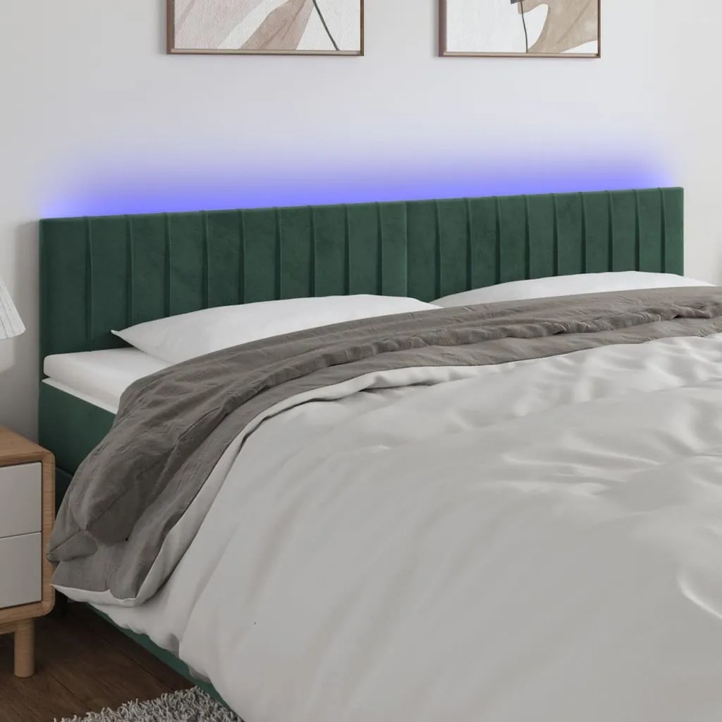 Cabeceira de cama c/luzes LED veludo 200x5x78/88cm verde-escuro