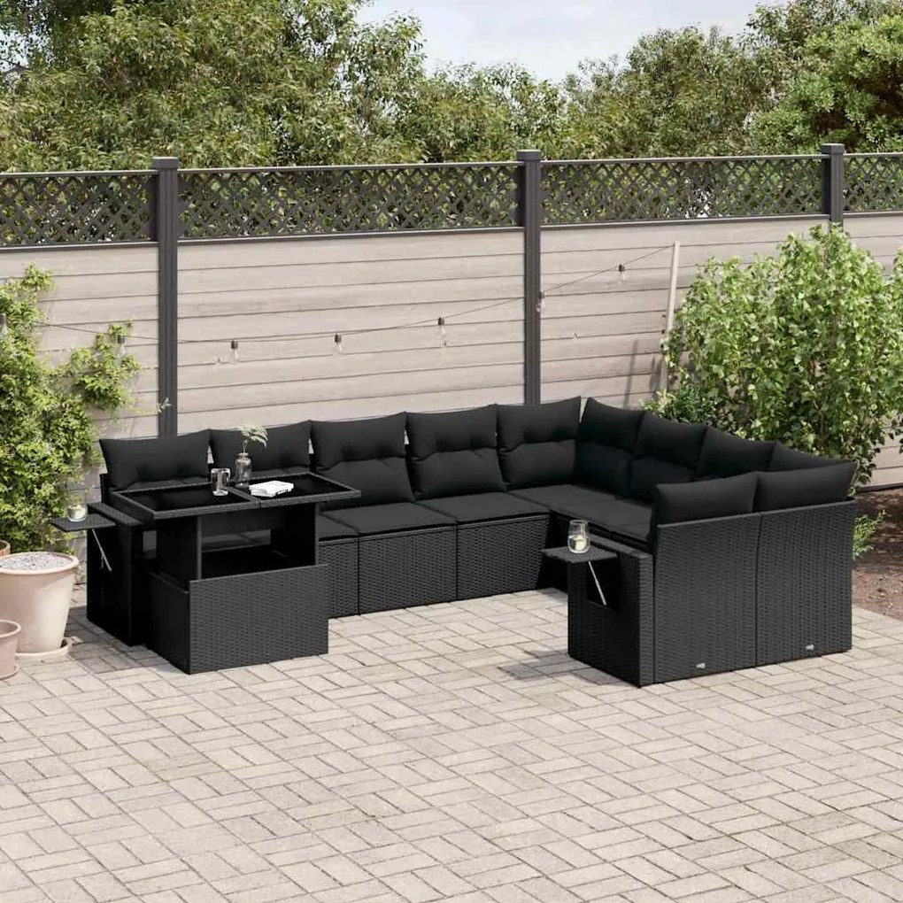 vidaXL 10 pcs conjunto sofás de jardim c/ almofadões vime PE preto