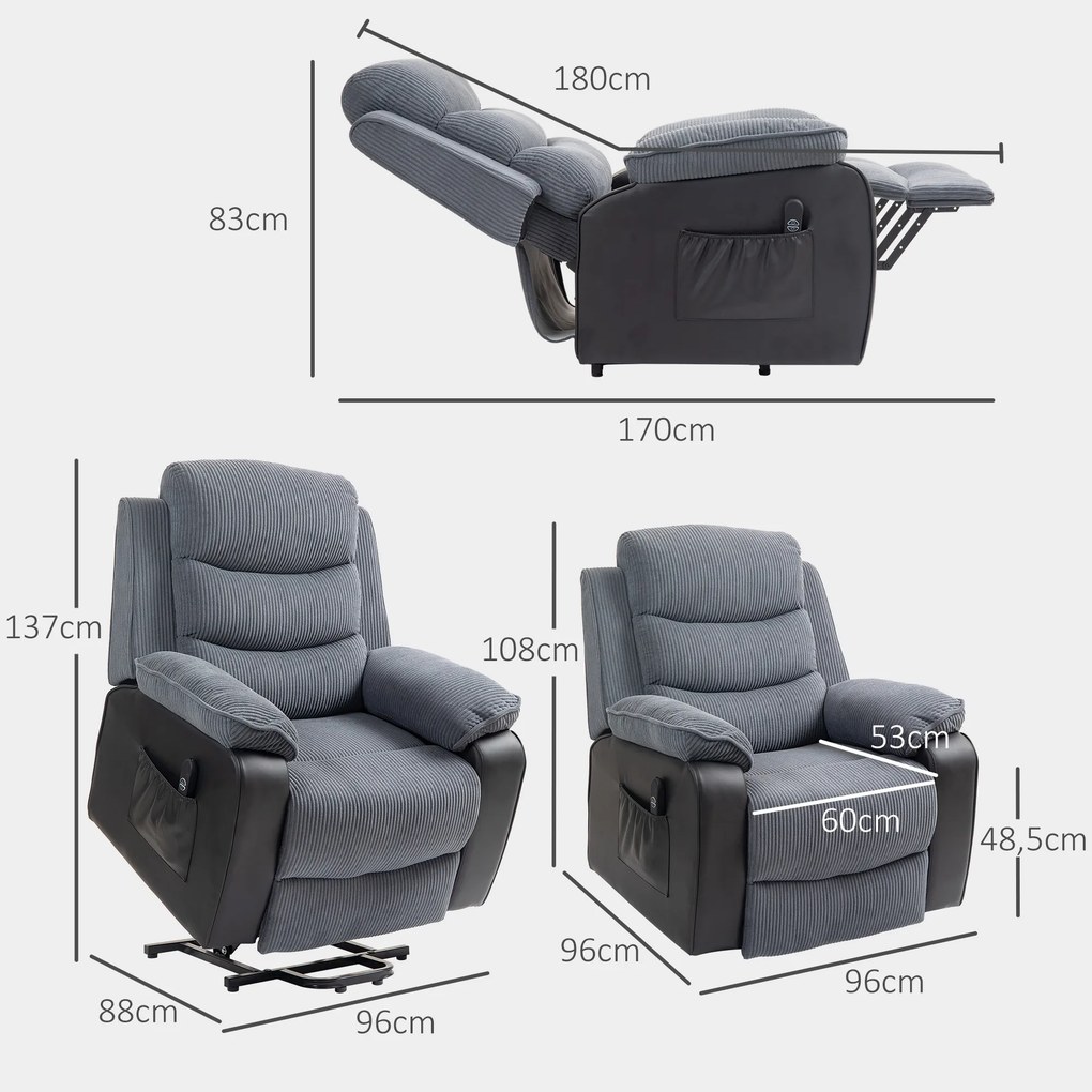 Poltrona Relax Reclinável Elétrica Levanta Pessoas com Controlo Remoto, Porta USB e Bolsos Laterais Cinzento Escuro