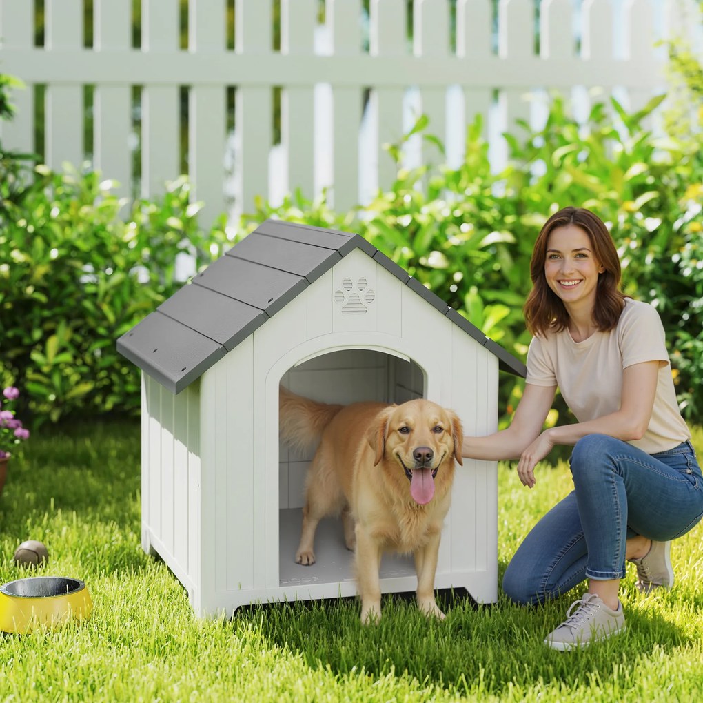 Casota para Cães de Exterior Casa para Cães Grandes em Plástico com 2 Janelas Base Elevada Estacas Cinzento