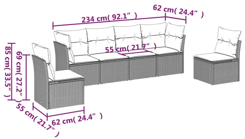 6 pcs conjunto de sofás p/ jardim com almofadões vime PE bege