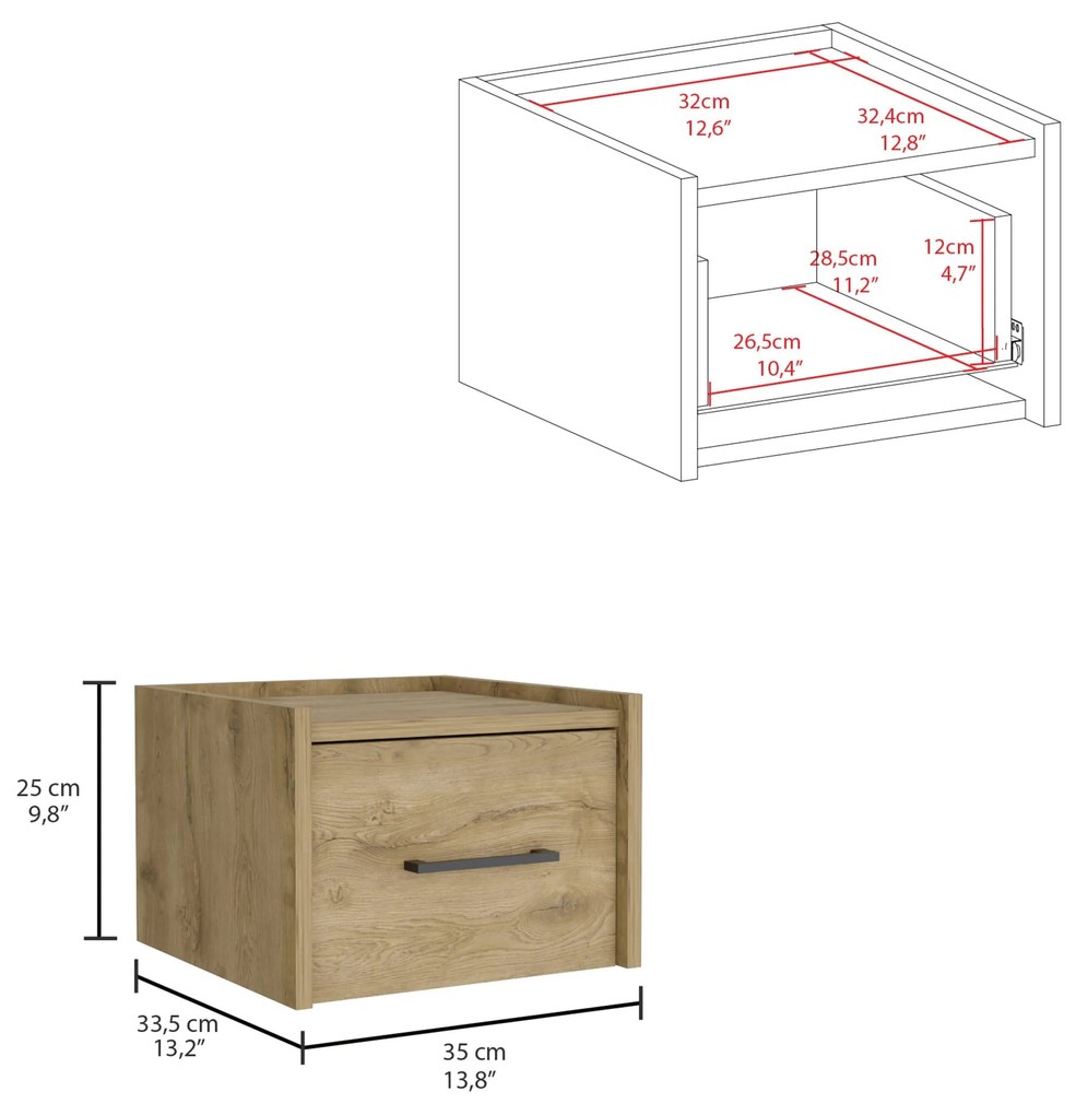 Mesa de cabeceira flutuante Boa em melamina com calhas metálicas 25 cm x 35 cm x 33,5 cm, macadâmia