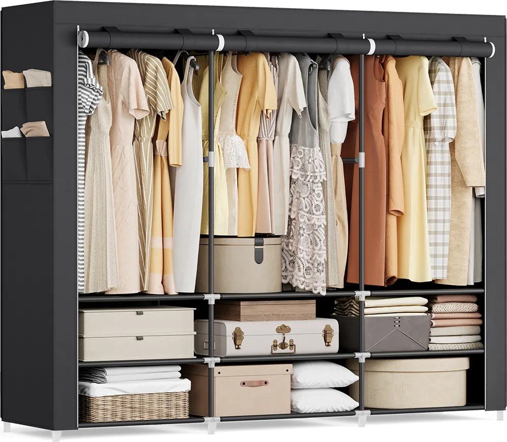 Guarda roupa de tecido 45 x 188 x 176 cm com 3 compartimentos suspensos, preto