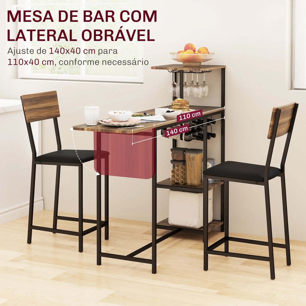 Conjunto de Mesa e Bancos de Bar Mesa Alta de Cozinha com 2 Bancos Laterais Rebatíveis Suporte para Vinhos e Prateleiras Castanho e Preto