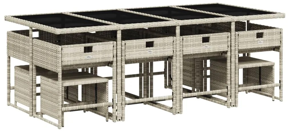 13 pcs conj. jantar jardim c/ almofadões vime PE cinzento-claro