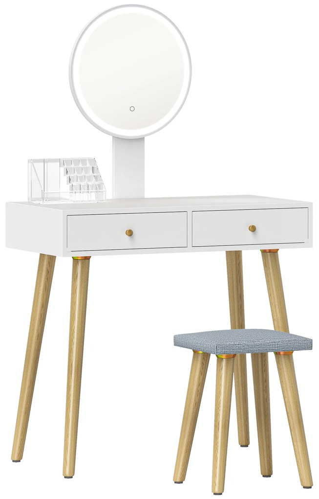 HOMCOM Tocador de Maquilhagem com Luz LED e Banco Mesa de Maquilhagem com Espelho Brilho Ajustável 3 Cores 80x43x133 cm Branco