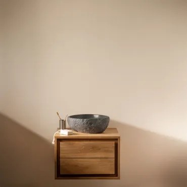 Conjunto De Móvel De Casa De Banho Suspenso Em Madeira De Teca Jabari Madeira De Teca & Irregular Em Cimento Preto ↔︎40 Cm Fedro - Sklum