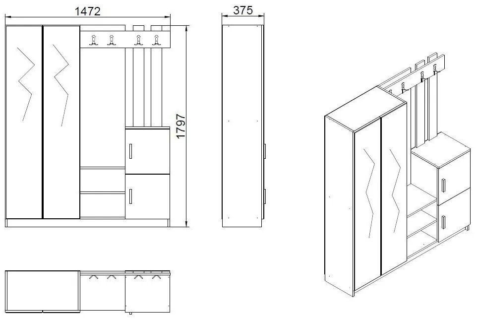 Hall Stand DD8 – Pinheiro Atlântico e Antracite – 147,2x179,7x37,5 cm
